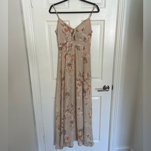Floral maxi dress / Tan / pinks green and white floral print.